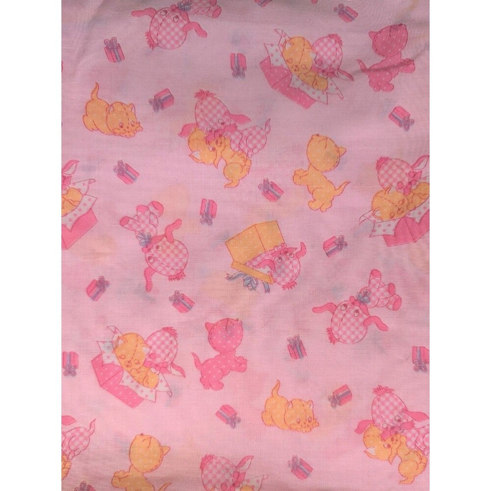 Vintage 70s Novelty Baby Fabric NURSERY PINK KITTEN Puppy Retro Cotton Blend
